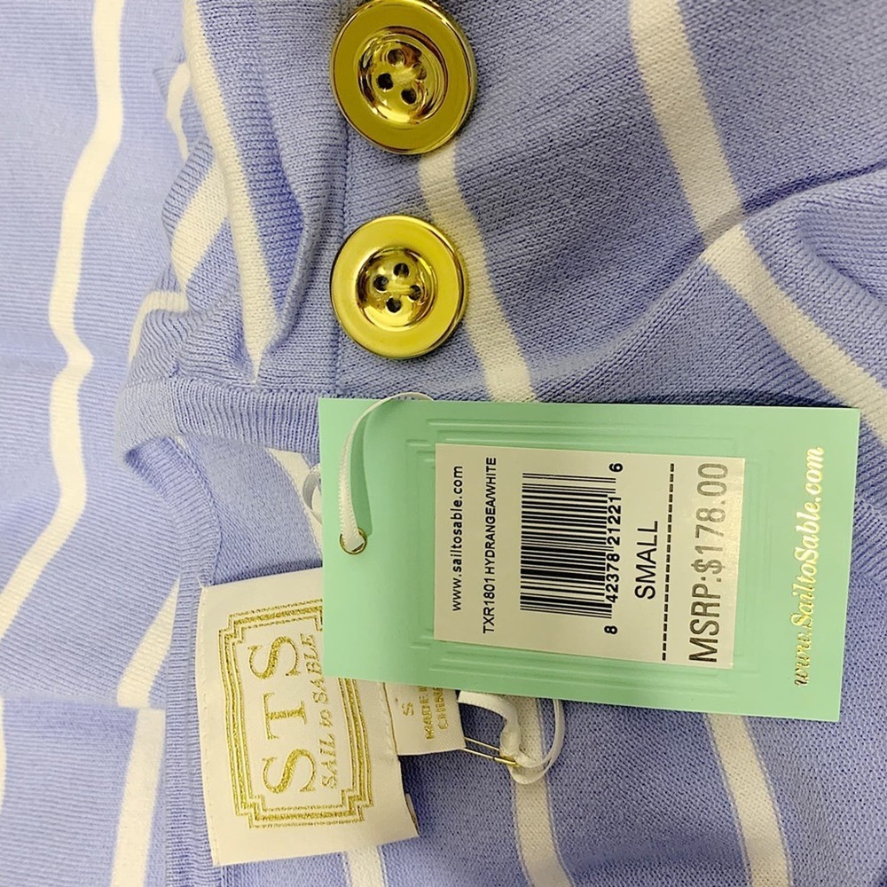 NWT STS Sail to Sable Hydrangea Blue White Stripe Long Sleeve Dress Size S $178 - Picture 3 of 4